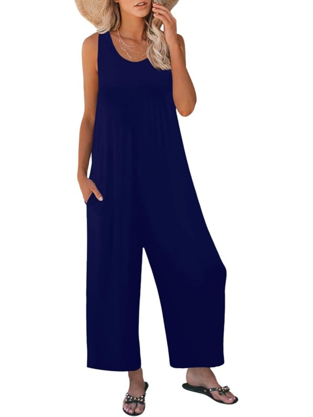 Women's Dark Blue Casual Loose Tank Sleeveless Crewneck Long Pant Romper